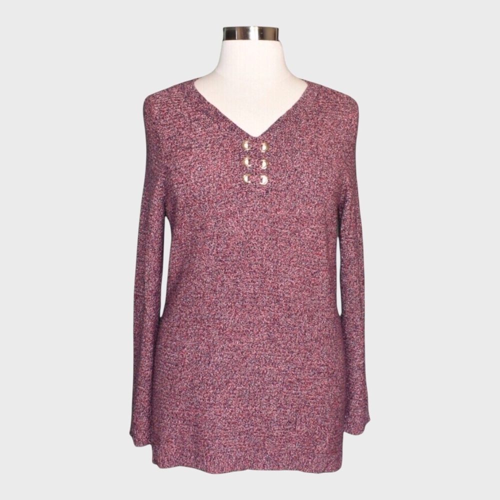 Charter Club Ribbed Marled Cotton Blend Grommet V‎ Neck Tunic Sweater